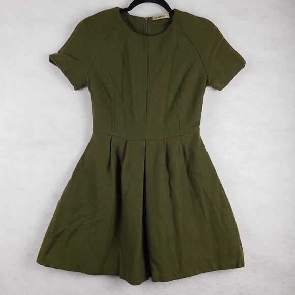 Alaroo Women's S A Line Mini Dress Olive Green Wool Blend Pleated Dark Academia - Picture 1 of 11